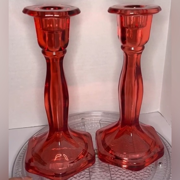 Vintage Fenton Ruby Red Glass Candlestick Holders – Pair – 7.5” Flower Top - Picture 1 of 16